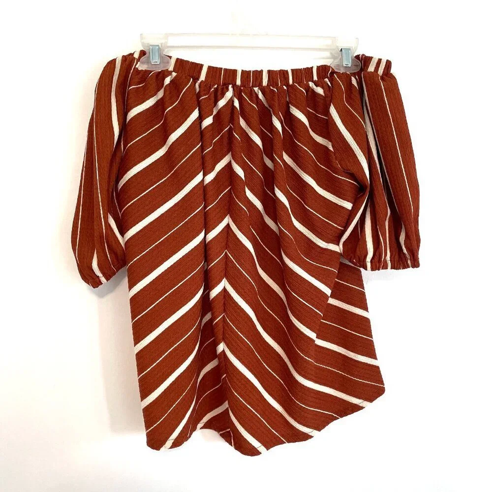 ANTHROPOLOGIE ANTHRO Elodie Off the Shoulder Top Terracotta Rust Red Stripe Boho